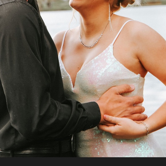 White iridescent sequin gown size small 
only worn for three hours max NEED GONE - Picture 2 of 3
